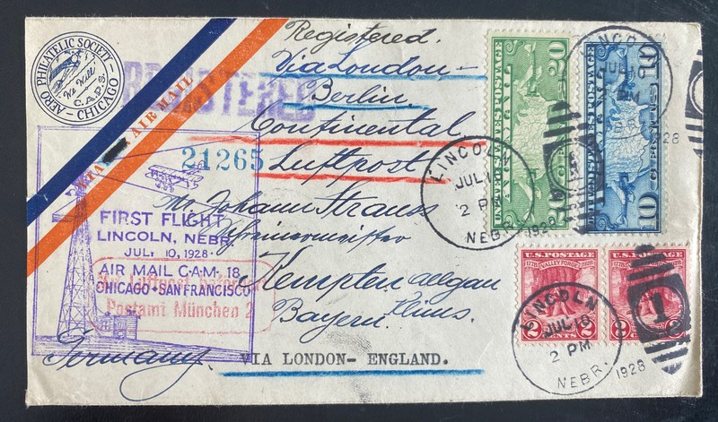 1928 Lincoln NB USA First Continental Flight Cover To Berlin Germany Via London