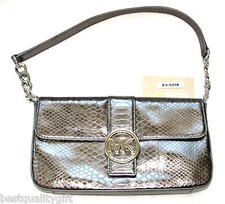 NEW MICHAEL KORS FULTON GUNMETAL PYTHON LEATHER+SILVER FLAP CLUTCH,SHOULDER BAG