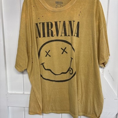 Vintage Yellow Nirvana Destroyed Tshirt Faded Iconic Smiley Face Graphic Size L