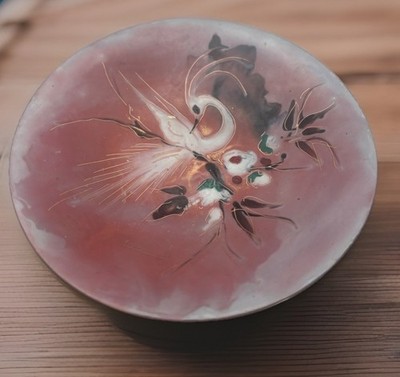 MCM Enamel On Copper Great White Heron Birds of Paradise  Art Bowl 5 