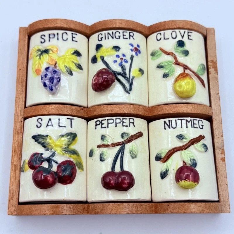 Vintage AGNCU Japan Ceramic Spice Jar Set with Wood Rack 6 Jars Salt Pepper