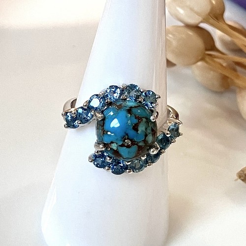 925 Sterling Silver Turquoise & Swiss Blue Topaz Dress Ring Size N 1/2 Gemporia - Picture 3 of 6