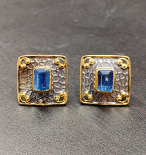 Natural Kyanite Gemstone Men's Cufflinks 925 Silver Gold Plated Groom Accessory
