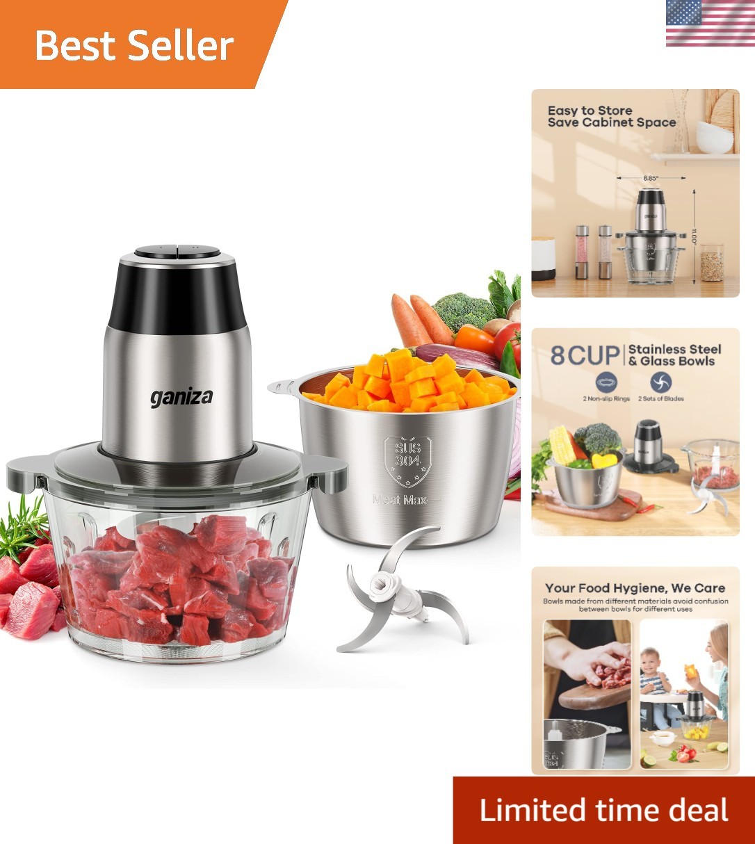 Efficient 2-Speed Electric Food Processor with 8 Cup Bowls -