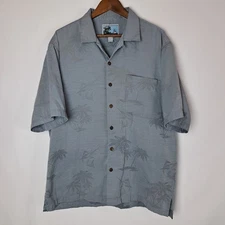 AFTCO Bluewater Hawaiian Shirt Mens Large Gray Button Up S/S Palm Trees Embossed