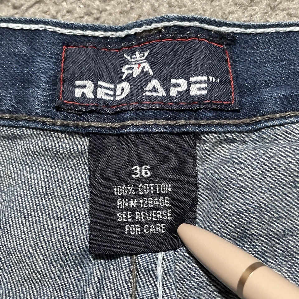 Vintage Y2K Red Ape Jeans Mens 38x31 Blue Medium Wash Wide Leg Embroidered Baggy - Image 4 of 4