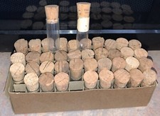 40 Vintage/Antique Glass Vials W/Cork Tops~Original Divided Stapled Box~2 3/4"
