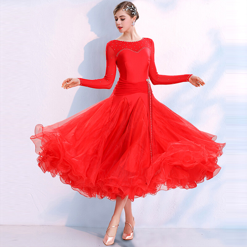 NEW Latin Ballroom Dance Dress Modern Salsa Waltz Standard Long Dress N091 Red