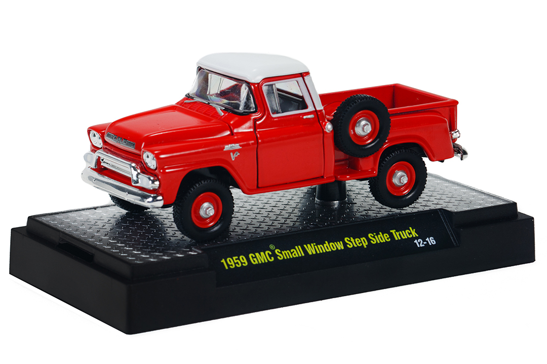 M2- '59 GMC Red Step-side Truck Small Window w/ RR 1:64- Real Hard