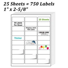 25 Sheets 1" x 2-5/8" Address Shipping Mailing Labels 30UP FBA UPC Sticker Label