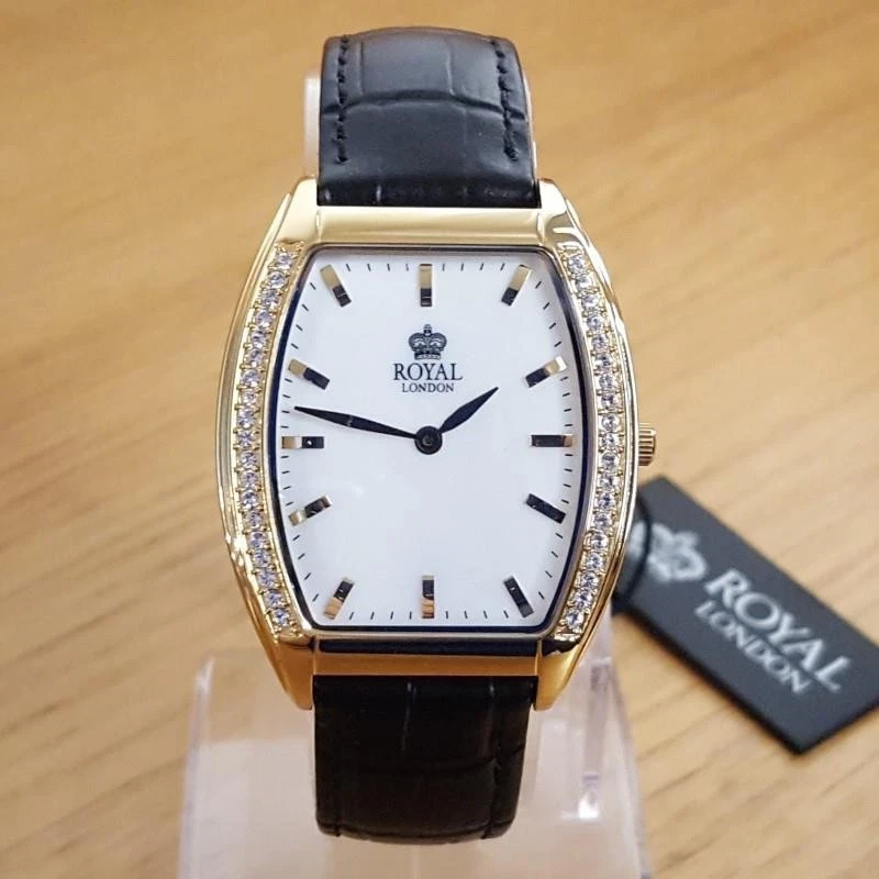 Mens NEW Embellished Slim Gold Tonneau Royal London Gents Leather Dress Watch - image 2 of 4