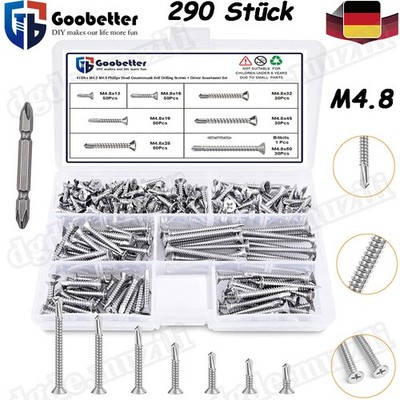 290tlg Bohrschrauben Set Edelstahl 410 Selbstschneidend Senkkopf Kreuzschlitz M4