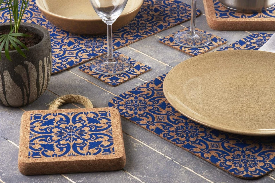 Viking Naturel Liège Chaud Patins / dessous de Plat - Bleu Portugais Tile - Fait - Photo 2/2