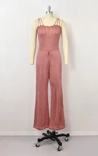 1970s Pink Lurex Metallic Wenjilli Disco One Piece Bell Bottom Flared Jumpsuit