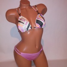 Victoria Secret Swim Bikini Medium Top  Bottom Purple Geo String Triangle
