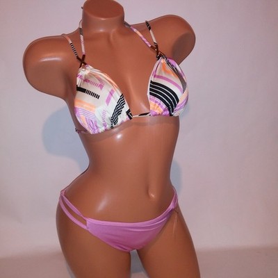Victoria Secret Swim Bikini Medium Top & Bottom Purple Geo String Triangle