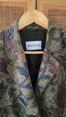 Basler Damen Blazer Gr. 46 mehrfarbig Tweed Wolle Blumen gefüttert Taschen