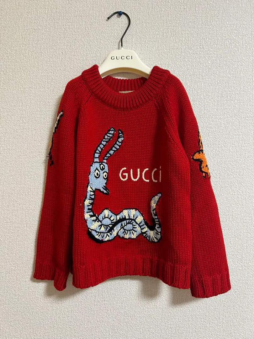 GUCCI Sweater Knit Pullover Red 6-7 Animal Print Christmas