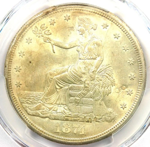 1874-S Trade Silver Dollar T$1 Coin. Certified PCGS Uncirculated Detail (UNC MS)