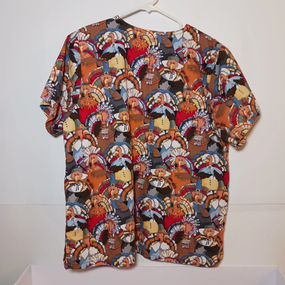 Tafford Thanksgiving Cotton Blend V Neck Scrub Top Sz S - Image 3 of 4