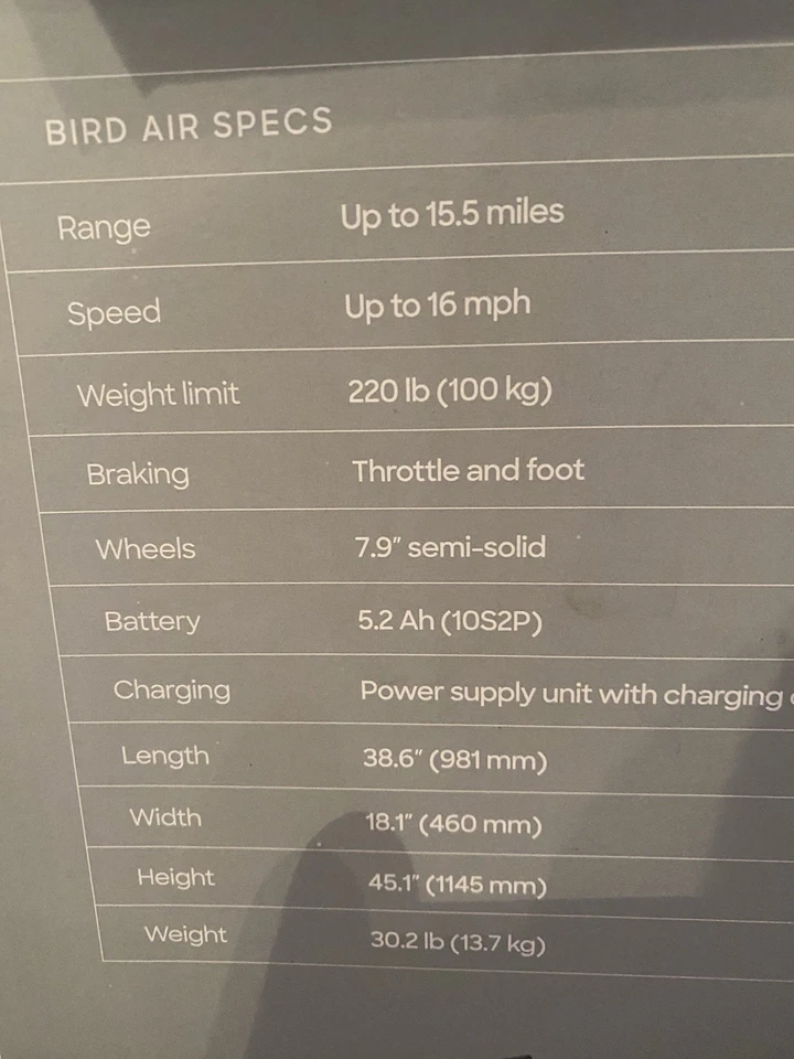 Scooter eléctrico Bird Air con rango de operación de 15,5 millas hasta 16 mph plateado sónico Foto 3 de 4