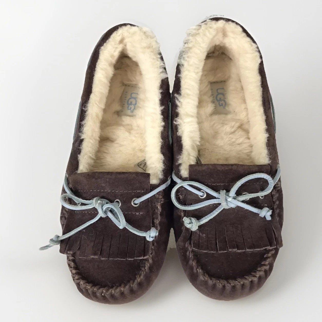 Ugg mocassino pantofole donna taglia 7 Mandie Reign marrone blu pelle di pecora