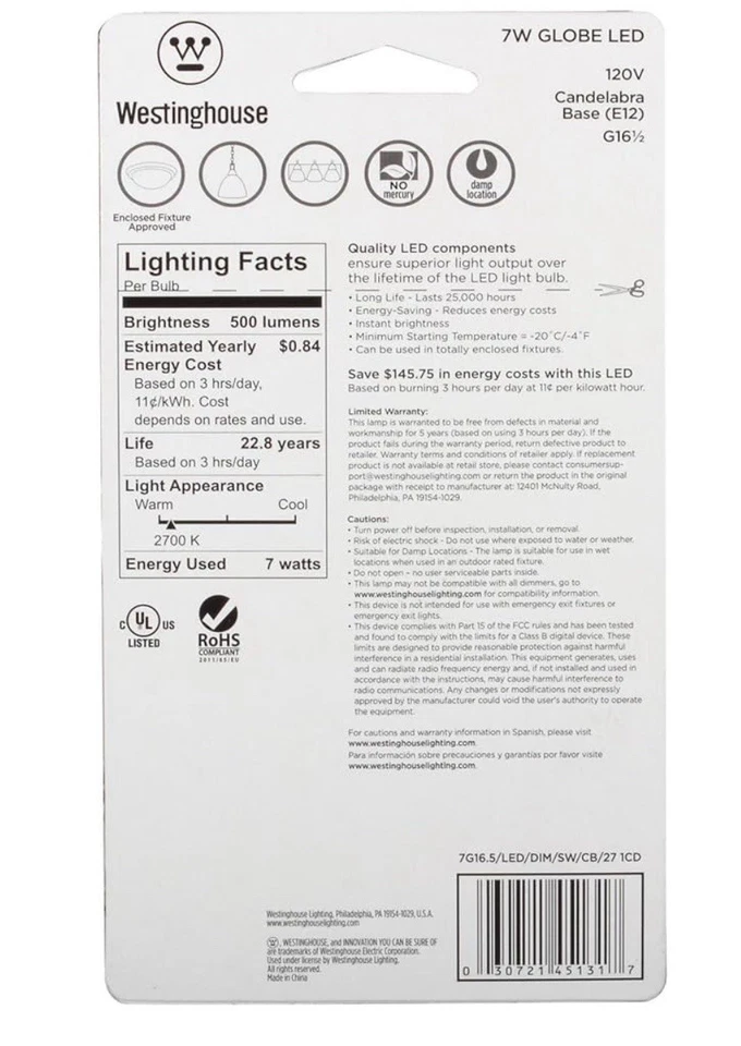 Westinghouse 60W Base G16-1/2 Dimmable Soft White LED Light Candelabra Base 4 Pk - Image 3 of 4