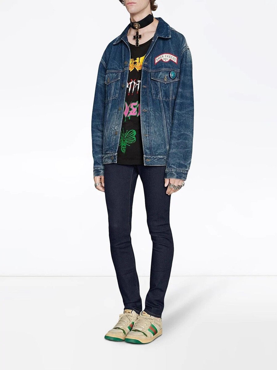 GUCCI Logo Web Embellished Appliquéd Oversized Denim Jacket GUCCI Logo Web Embellished Appliquéd Oversized Denim Jacket