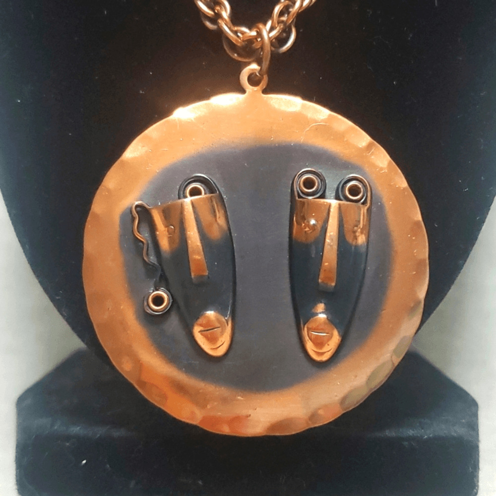 Vintage MCM Copper Rebejas Comedy Tragedy Copper Pendant Necklace