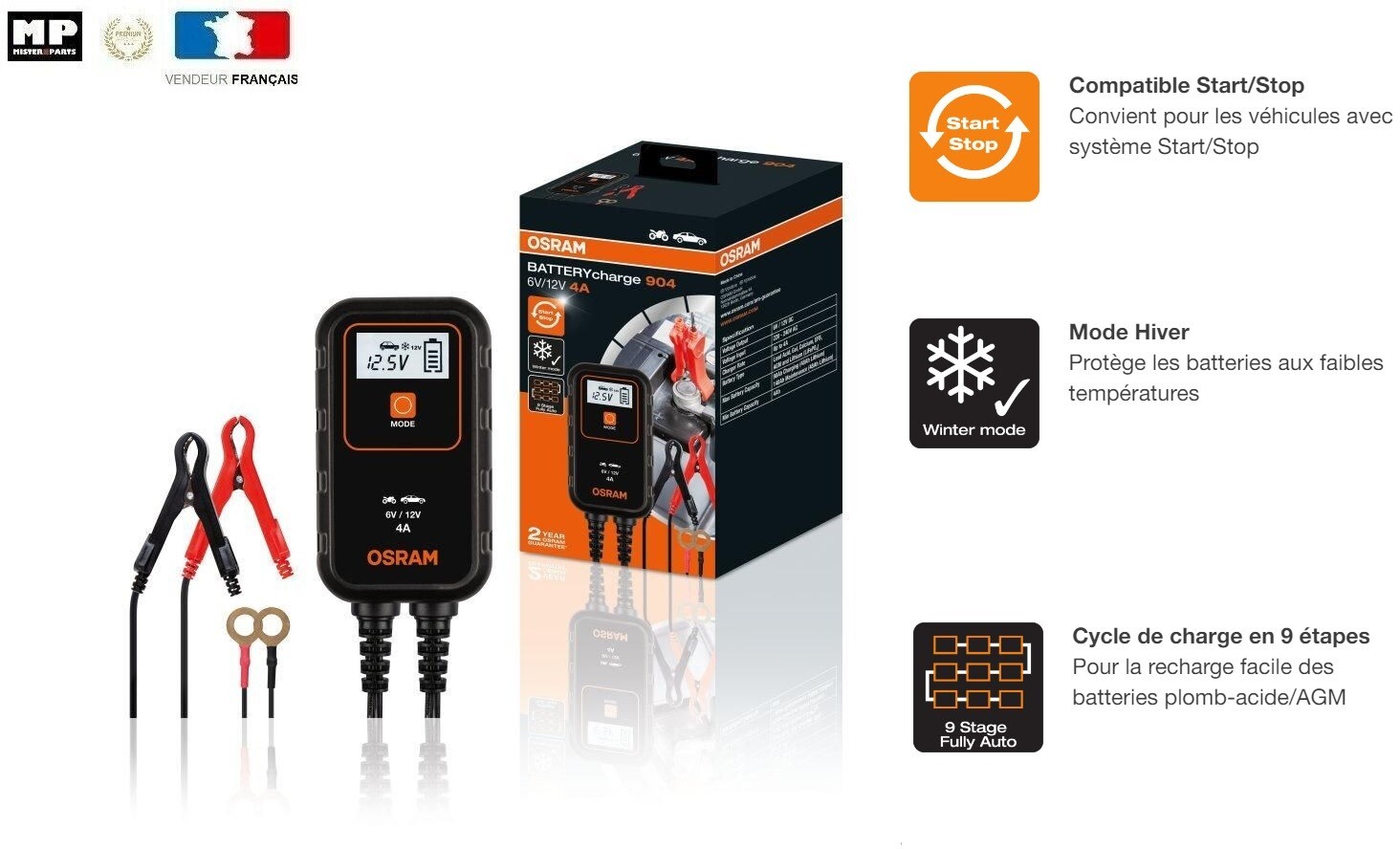 Chargeur de batterie intelligent 4A avec mode hiver Osram 904 pour auto