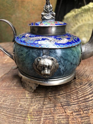 Vintage Chinese Tibetan silver serpentine & cloisonne teapot signed lion dragon - Picture 10 of 11