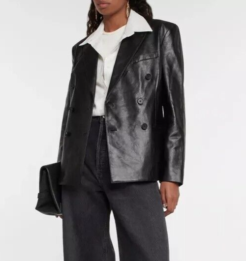 $1298 POLO RALPH LAUREN Black Double-Breasted Lamb Leather Blazer Women's SZ 00