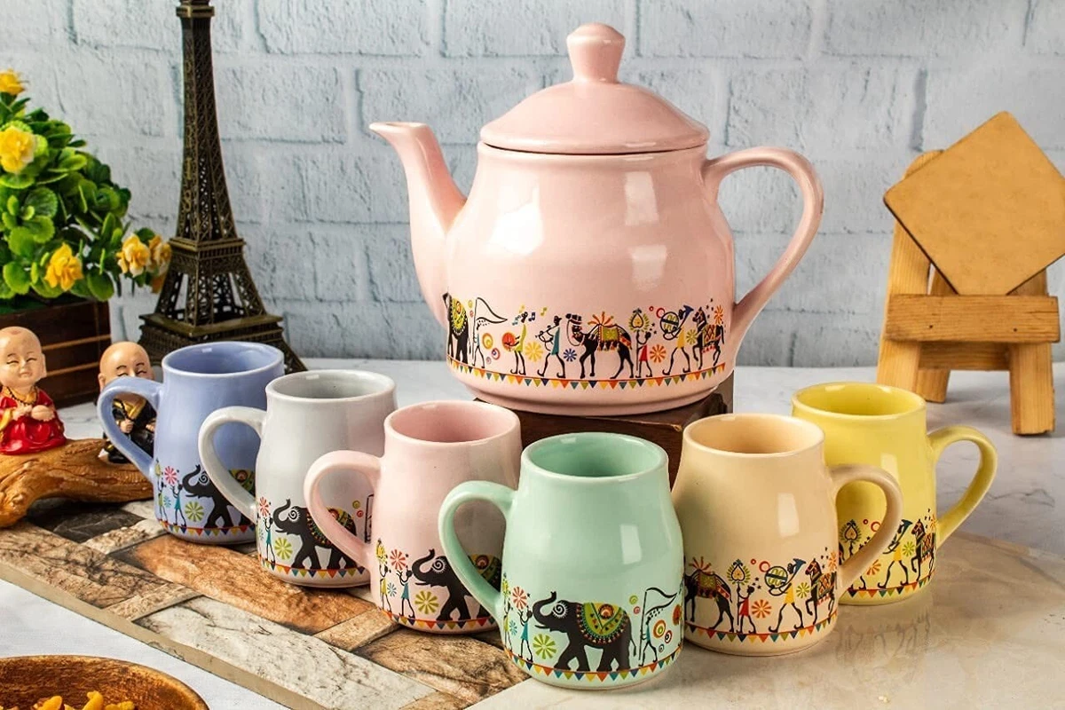Microwave Safe Lead free Pure Ceramic Pastel Flask 6 Tea Cups 1 Kettle Multi