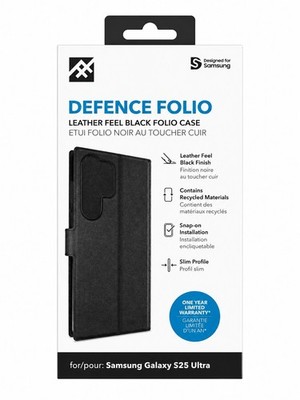 ZAGG Defence Folio Samsung Galaxy S25 Ultra Lederoptik schwarze Oberfläche Druckknopf Hülle.