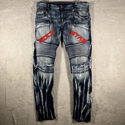 ROCKSTAR Moto Jeans Mens 40 (Actual 38) Embroidered Spellout Grungerock Gothcore