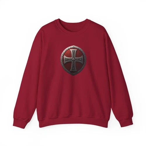 Medieval Iron Shield Crewneck Sweatshirt | Red Templar Cross Emblem - product listing photo
