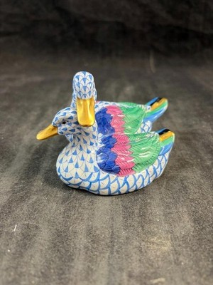 Herend Ducks Pair Of Ducks Figurine in Blue Fishnet Design Piece Number 5036