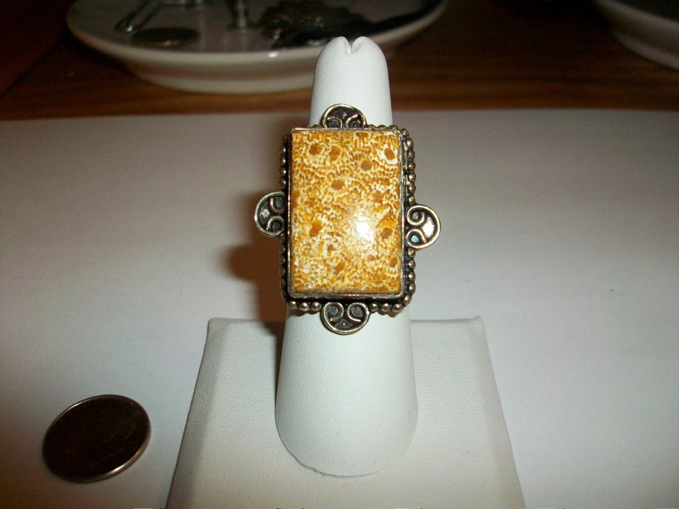 复古化石珊瑚宝石戒指 925 纯银 - 7 码 — 第 2/3 张图片