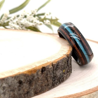 8mm Christmas Gifts Band Tropical Abalone & Koa Wood Inlay Ring Black Tungsten