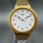 Seiko Watch Men 34mm White Dial Gold Tone Round V701-6K09 New Battery VTG