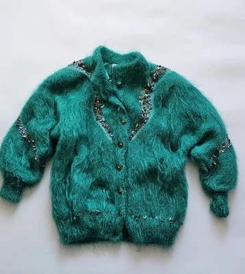 Rare Vintage Amante Scotland Mohair Angora Cardigan Green Emerald Shaggy L/XL - Bild 1 von 4