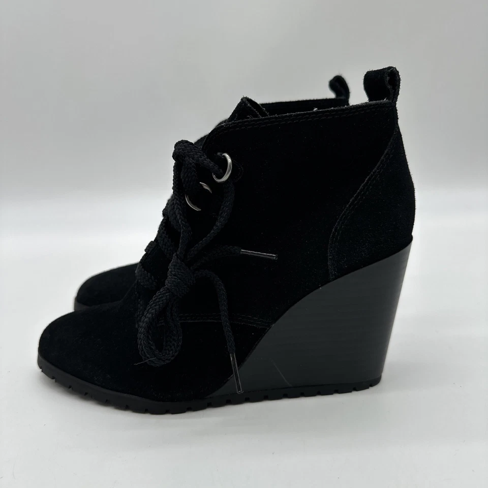 Espléndidas botas botín negras de gamuza con cordones de cuña para mujer talla 7,5..#5 Foto 2 de 4