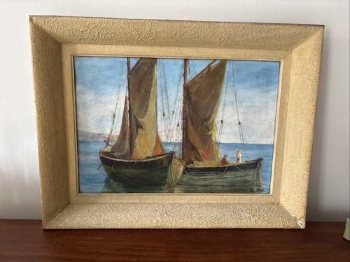 antique painting marine oil painting signed D. JAK boat - Picture 2 of 10