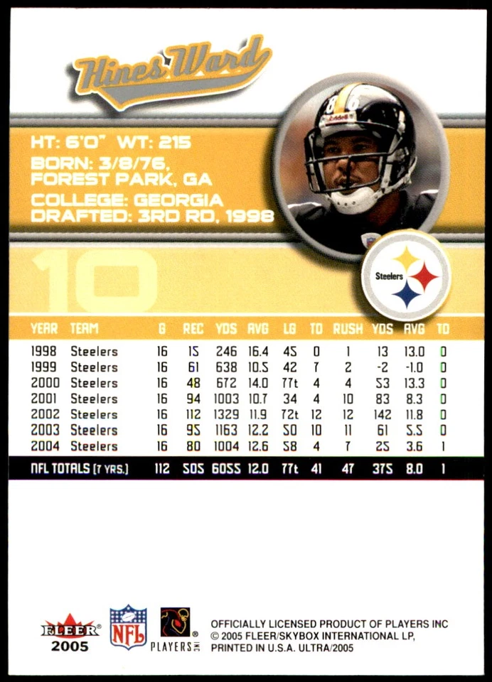 Hines Ward 2005 Ultra #10 Steelers NFL READ FREE SHIPPING AutographDen - Image 2 of 2
