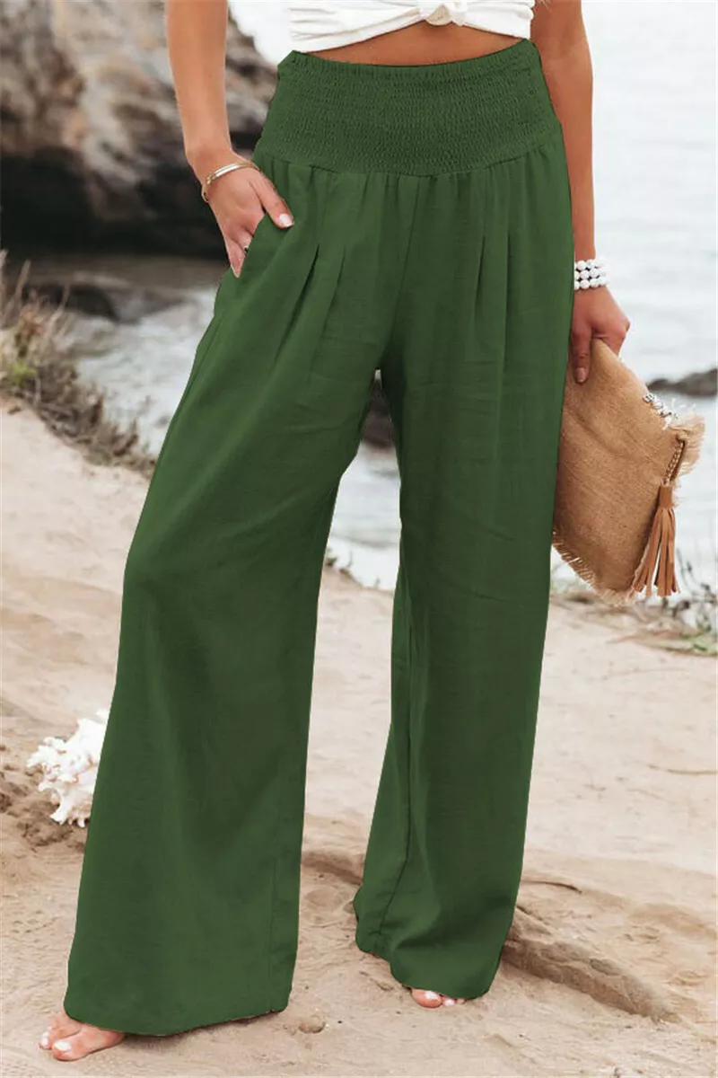 Women Elastic Waist Beach Trousers Yoga Casual Cotton Linen Baggy Wide Leg  Pants