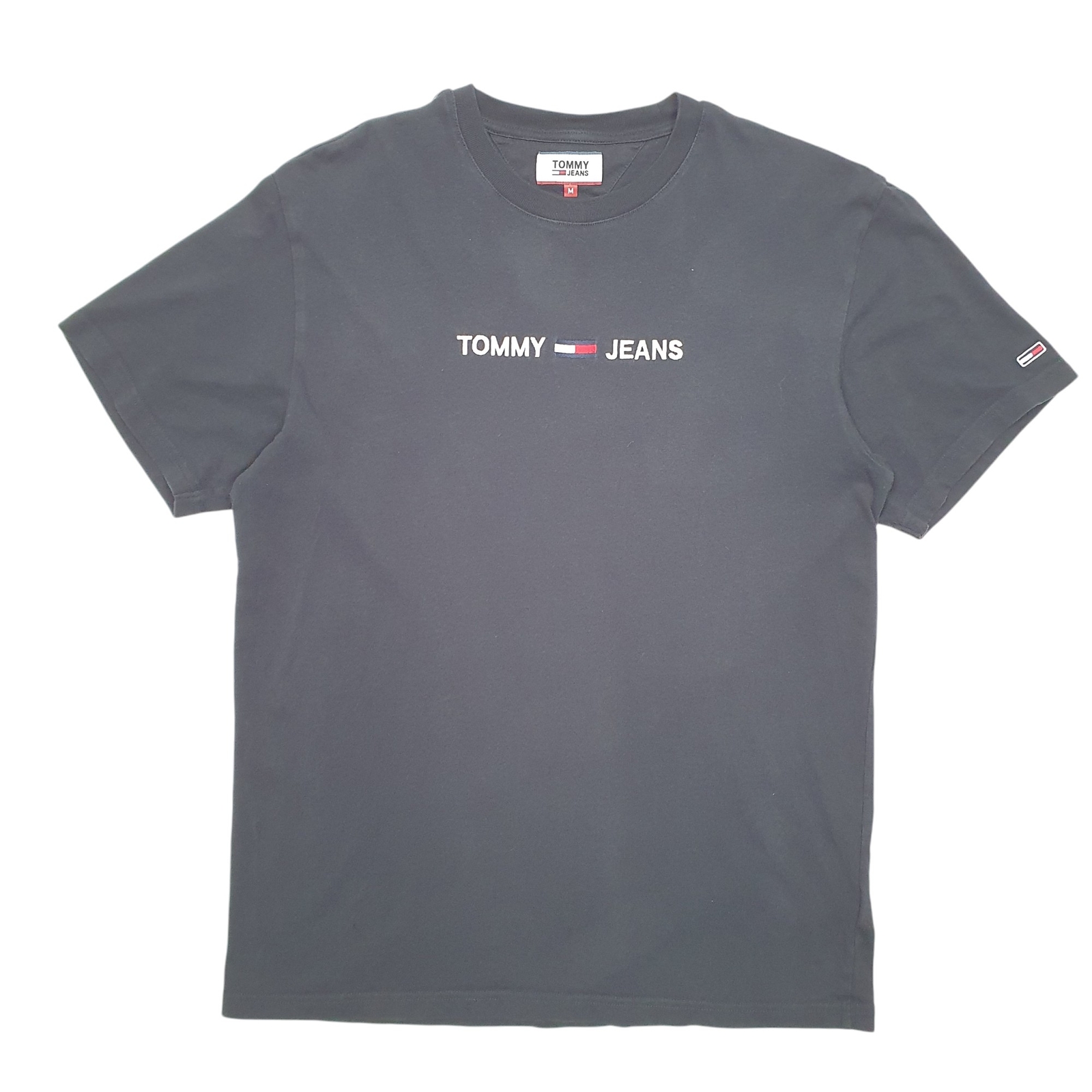TOMMY HILFIGER Black T Shirt Tee Jeans Spellout Short Sleeve Cotton Mens M