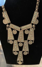 Antique Judaica Handmade Massive Yemenite Silver Tone Necklace, Turquoise Trim