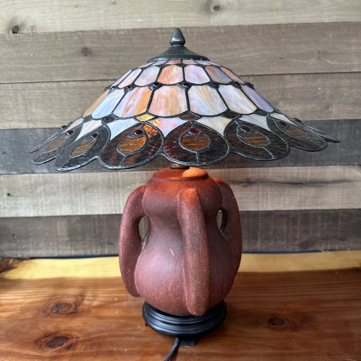 Tiffany style Stained Glass Lamp Shade Pottery Base Table Lamp Brown -flaws