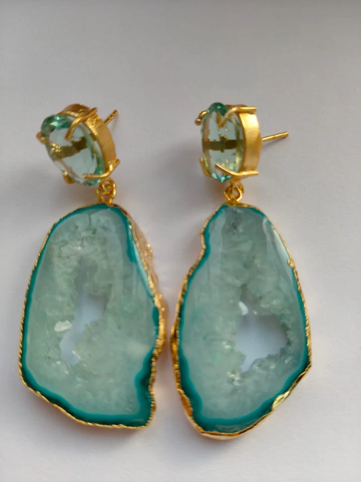 Druzy Slice Earring Aqua Blue Stud Geode Gold Edge Earring Fashion Jewelry Dangl - Image 4 of 4
