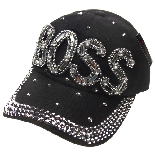 Silver Boss Cap Bling Bedazzled Black 